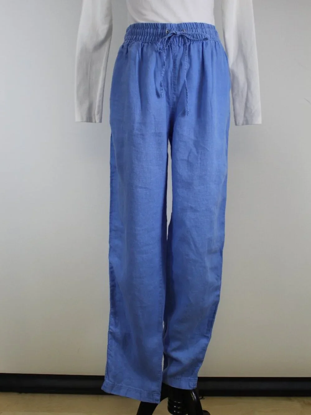 H&M 100% Linen Blue‎ Drawstring Pants Size Small Elastic Waist Wide Leg